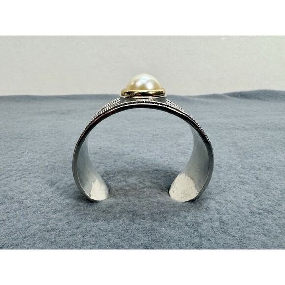 Vintage Art Deco Statement Cuff Bangle Bracelet Filigree Faux Pearl Silver Tone - Picture 3 of 8